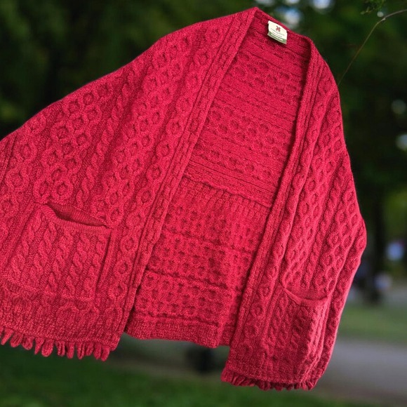 Carraig Donn Sweaters - Carraig Donn Shawl Wrap Women OS Red Cable Knit Merino Wool Fringe Fisherman